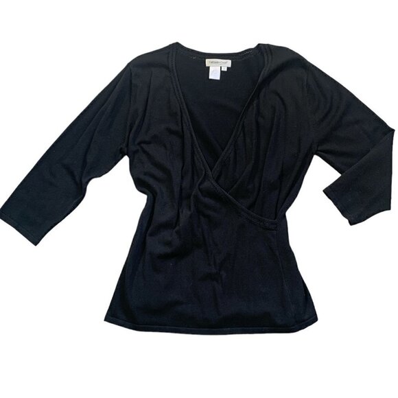 Coldwater Creek Faux Wrap Silk Blend Top Lace Trim Neckline S Black 140F - Picture 2 of 8